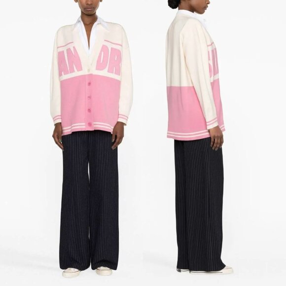 $415 SANDRO White Pink Striped Benidorm Oversized Cardigan Sweater size Large - Picture 1 of 14